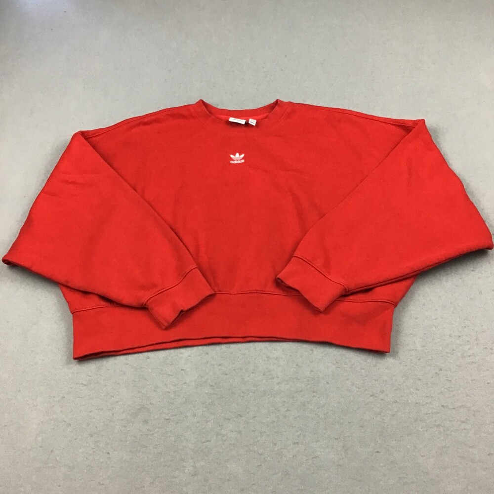 Adidas Sweatshirt Women Medium Red Oversized Pullover Trefoil Cropped Crewneck M